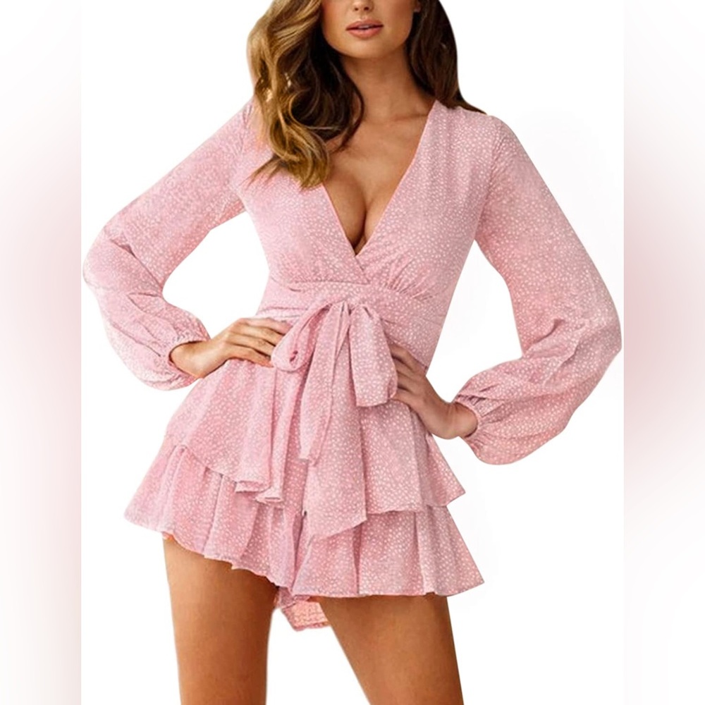 Relipop Romper Pink Floral Print V Neck Baggy Sleeve Tie Waist Layer Ruffle Hem